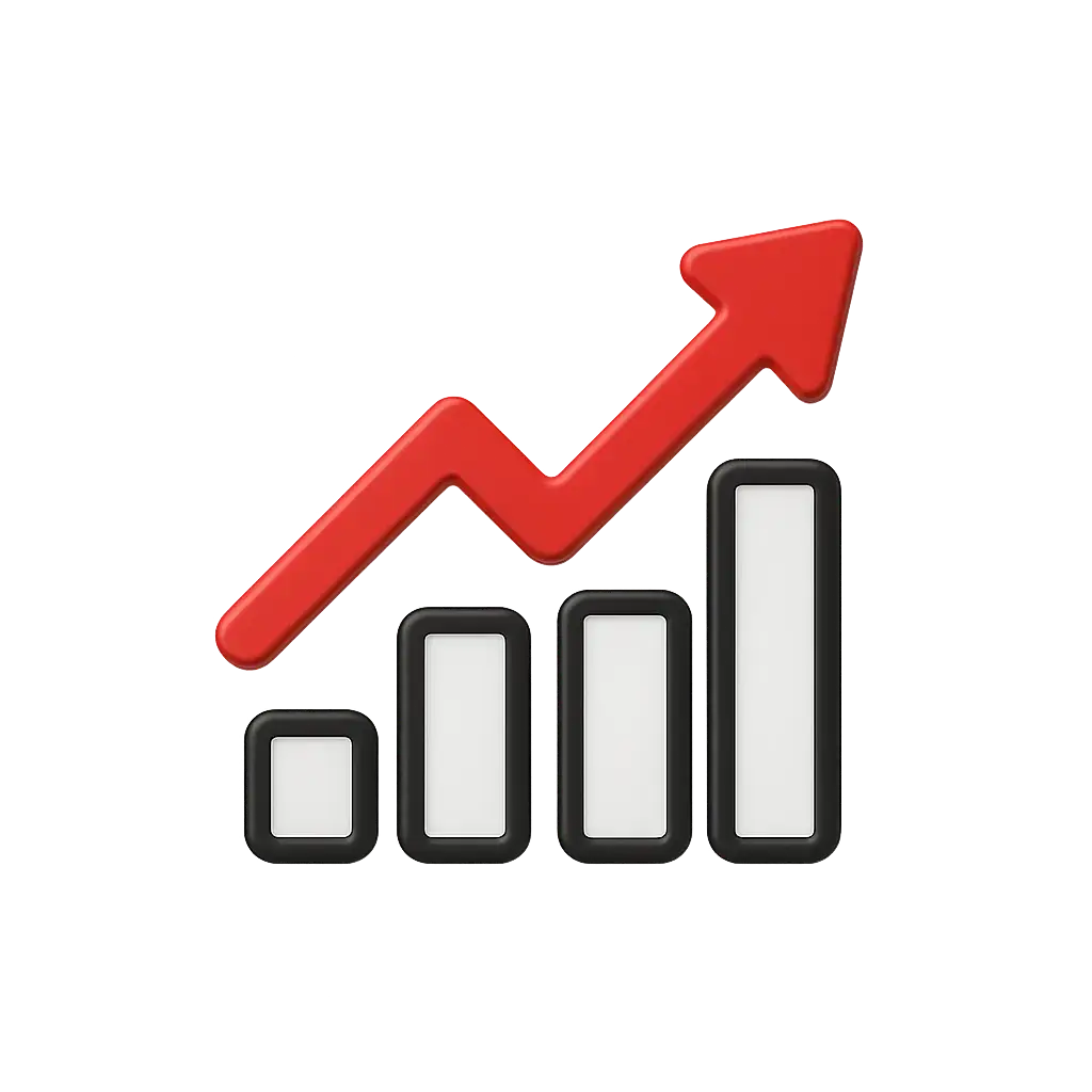 Icono con estadística en barras y flecha hacia arriba.