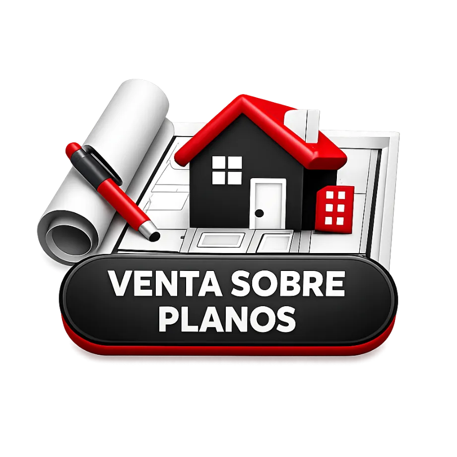Icon: Casa sobre planos con bolígrafo al lado.
